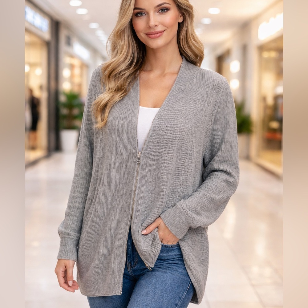 🧥 Michael Kors Gray Zip Knit Cardigan – NWT